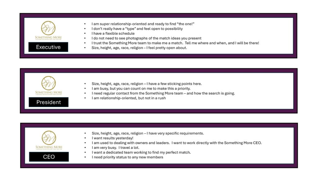 A chart compares Executive, President, and CEO relationship-seeker profiles, listing their attitudes, priorities, and requirements, along with Something More matchmaking agency’s logo next to each profile.