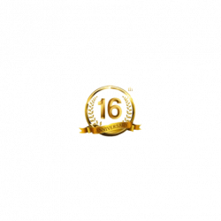 A gold emblem features the number 16 inside a laurel wreath, with a gold ribbon below that reads ANNIVERSARY, symbolizing a 16th anniversary celebration. A gold emblem features the number 16 inside a laurel wreath, with a gold ribbon below that reads ANNIVERSARY, symbolizing a 16th anniversary celebration.